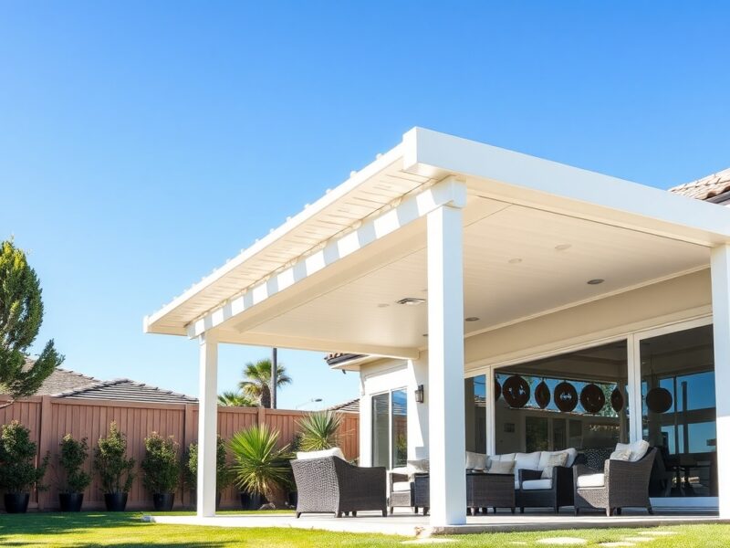 Elegant aluminum patio cover in San Diego backyard
